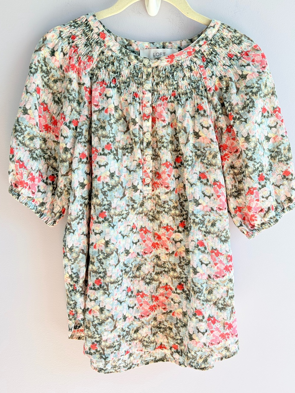 LOFT Top Blouse Pink Green Ditsy Floral Cotton Puff Sleeve Business Casual EUC S